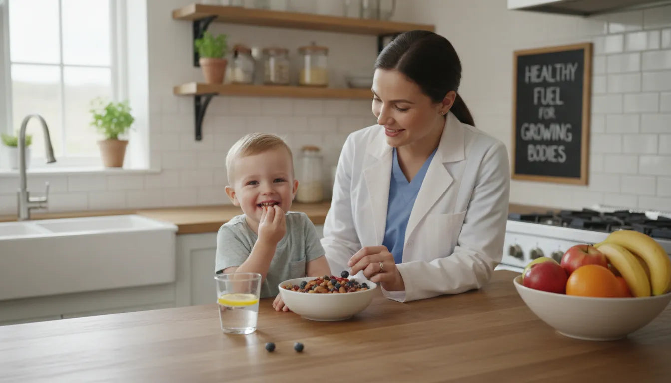 A happy child enjoying healthy whole-food plant-based meals in a kitchen