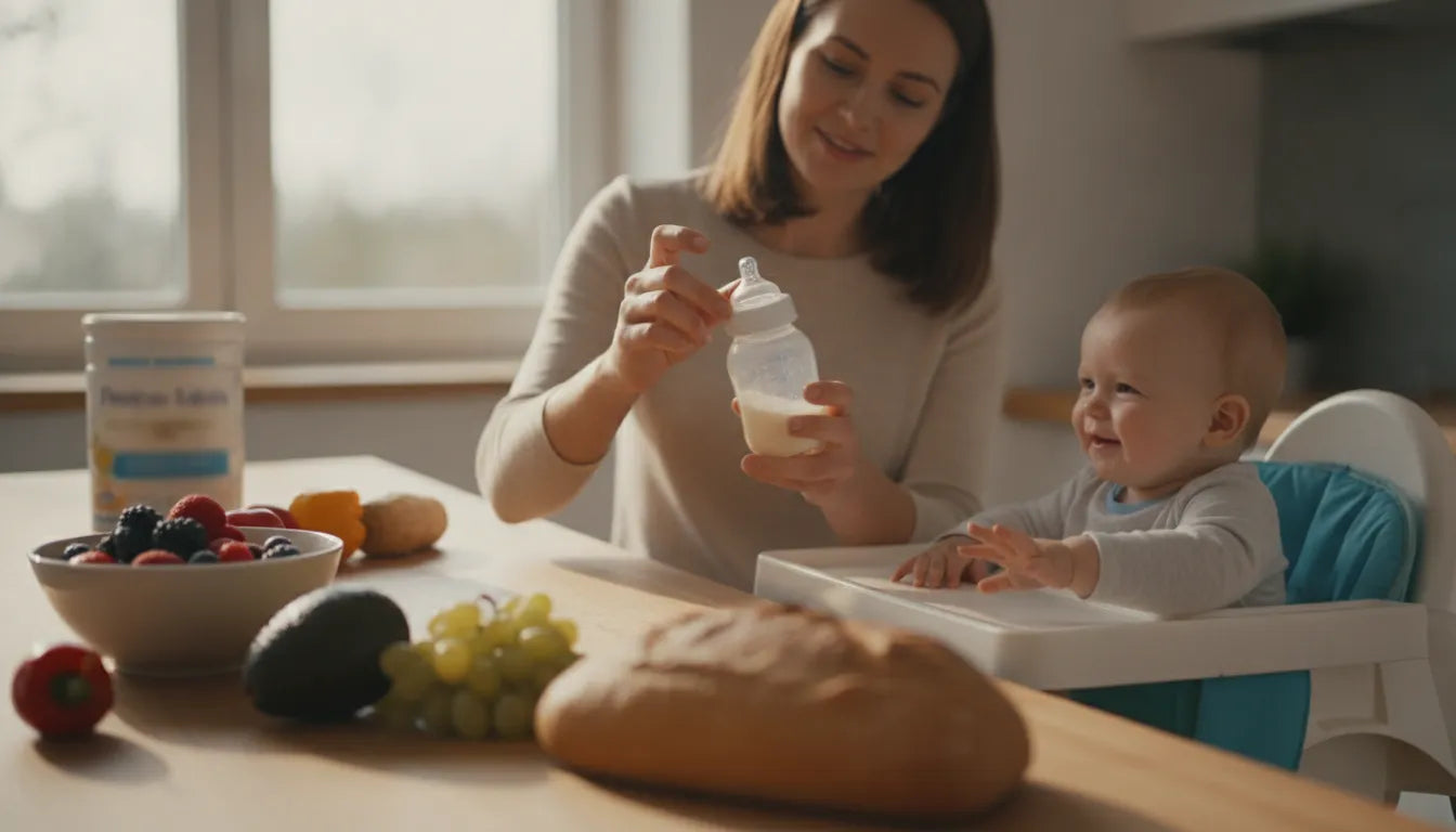 Parent preparing a bottle of powder baby formula for a content infant at a bright kitchen counter