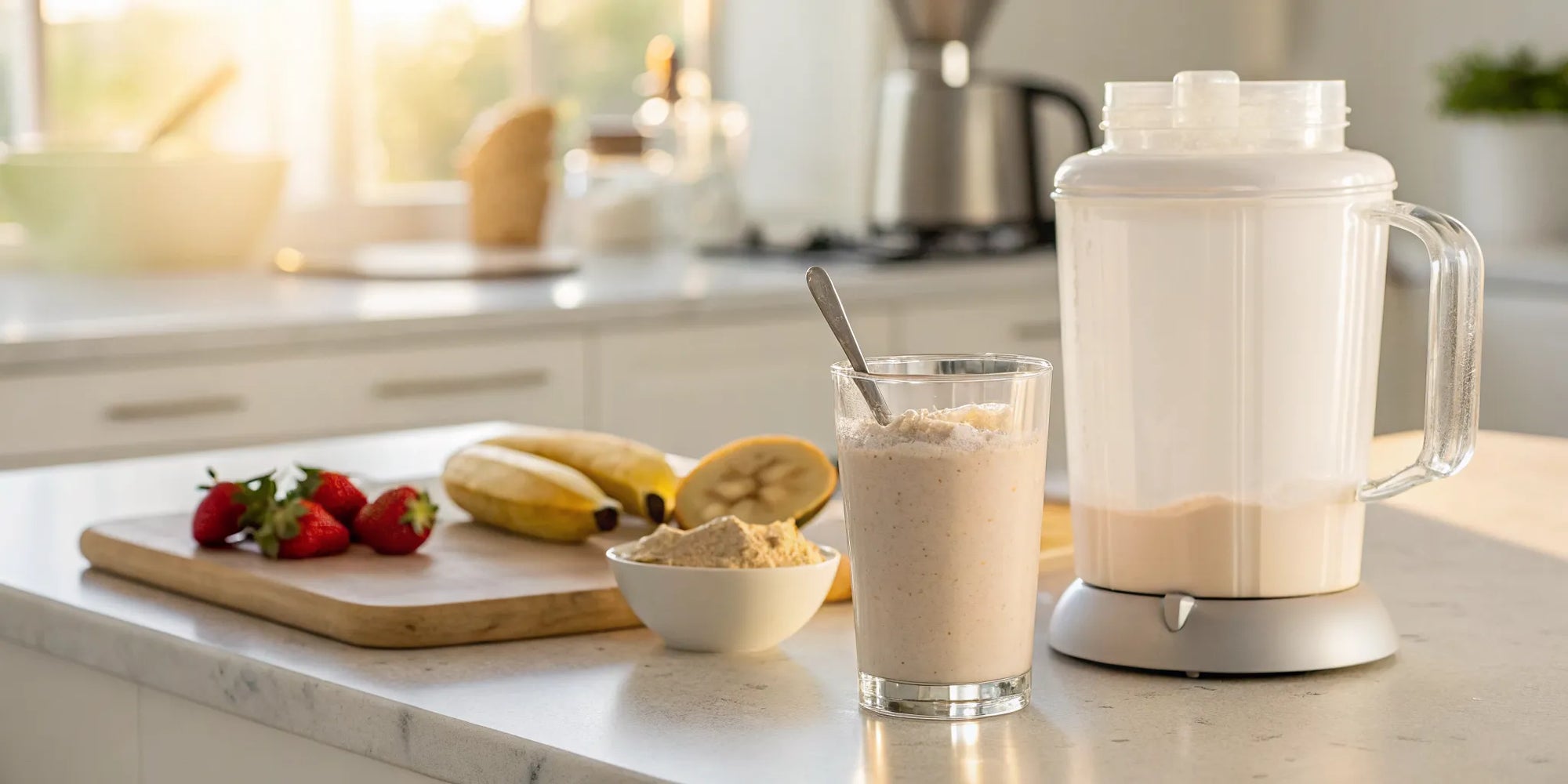 A kid-friendly protein powder smoothie with fresh strawberries and bananas.