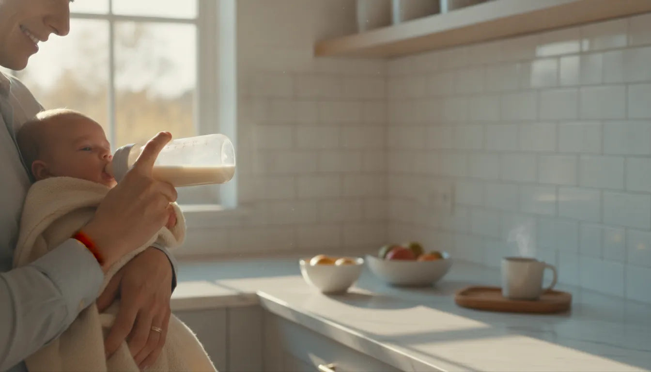 Parent feeding a content baby a bottle in a bright, clean kitchen