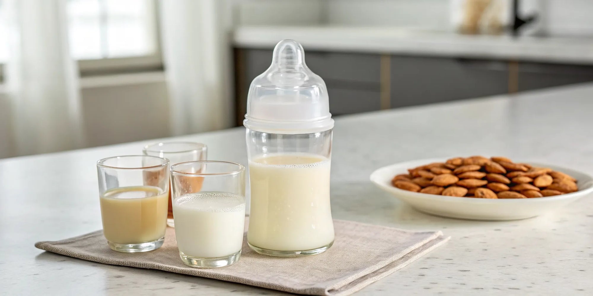 A baby bottle of formula next to a glass of almond milk for transitioning a toddler.
