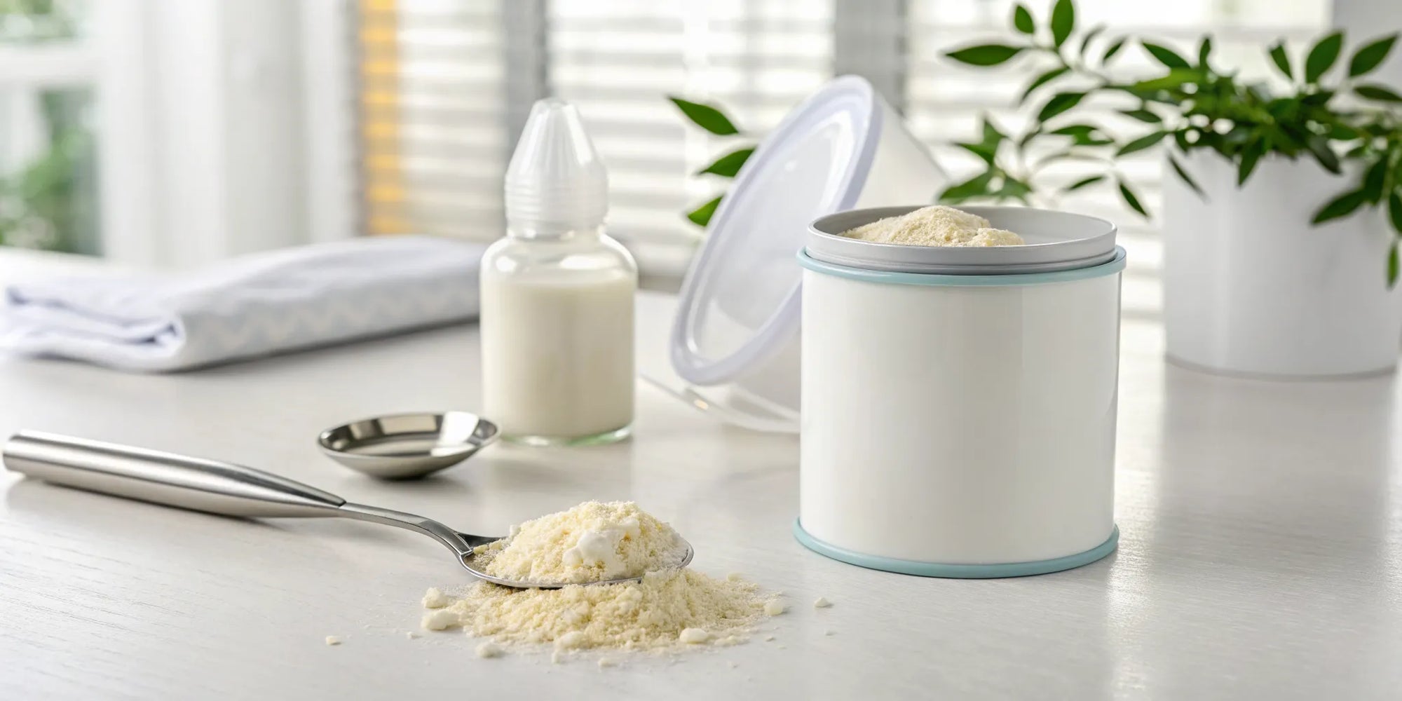 Similac baby formula in a container with a scoop and prepared baby bottle.