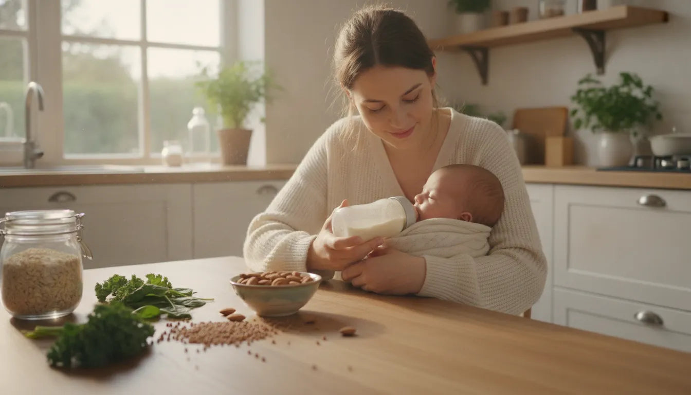A mother bottle-feeding her calm baby at a bright kitchen table with plant-based whole foods nearby