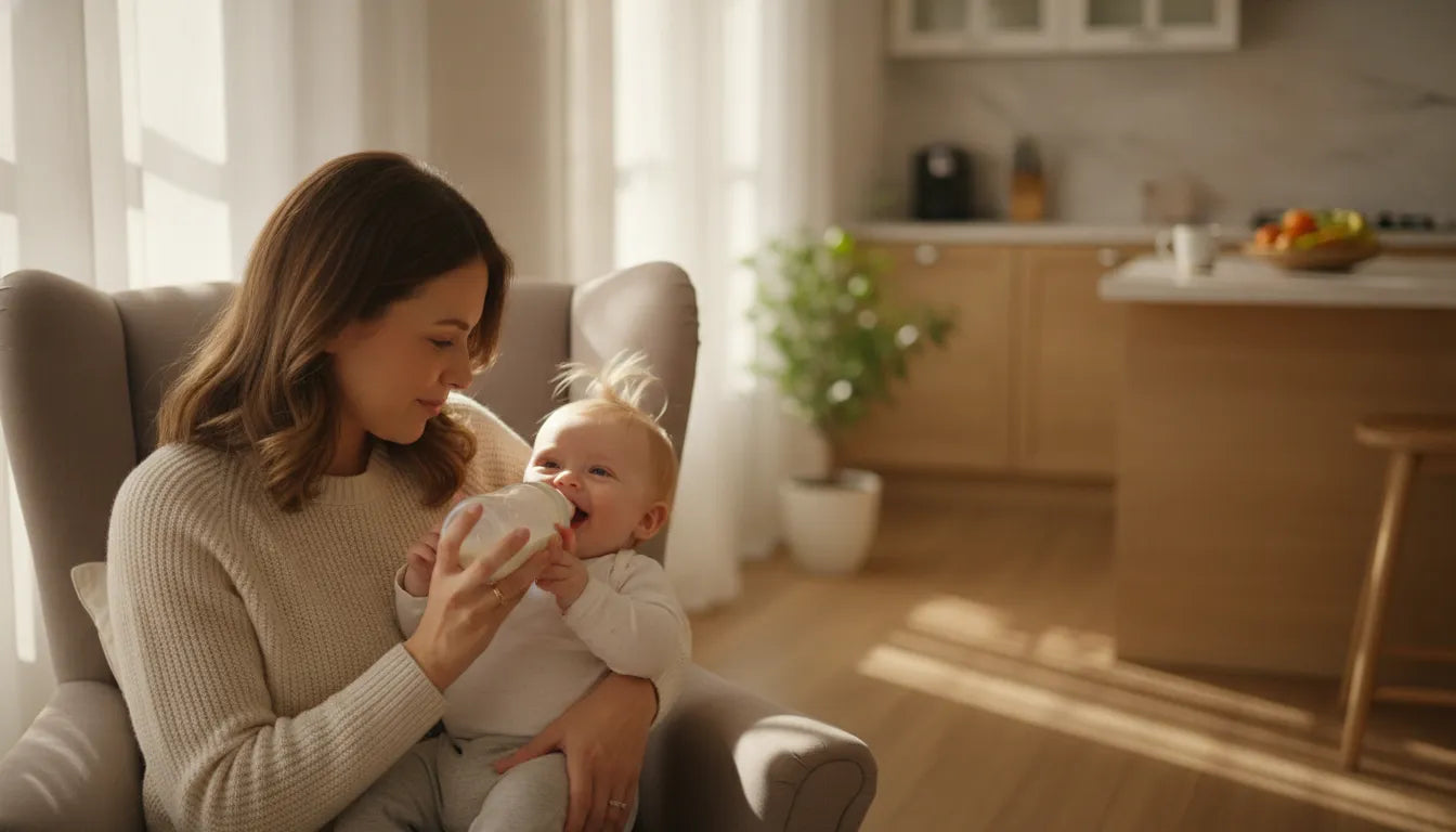 Parent gently feeding a smiling baby a bottle in a bright kitchen