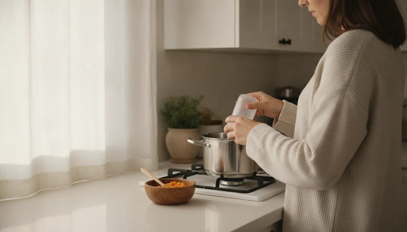 Parent preparing stage 2 baby formula beside age-appropriate baby foods