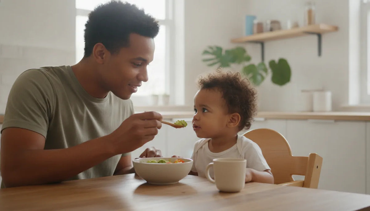 Parent feeding a toddler during a wholesome family meal