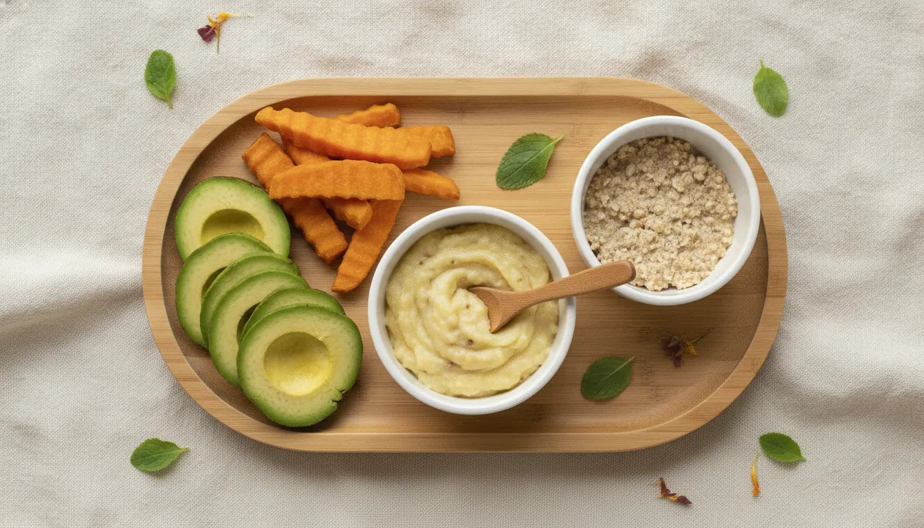 Baby-safe plant-based first foods including avocado, banana, sweet potato wedges, cooked peas, soft tofu, and baby cereal on a natural wooden surface