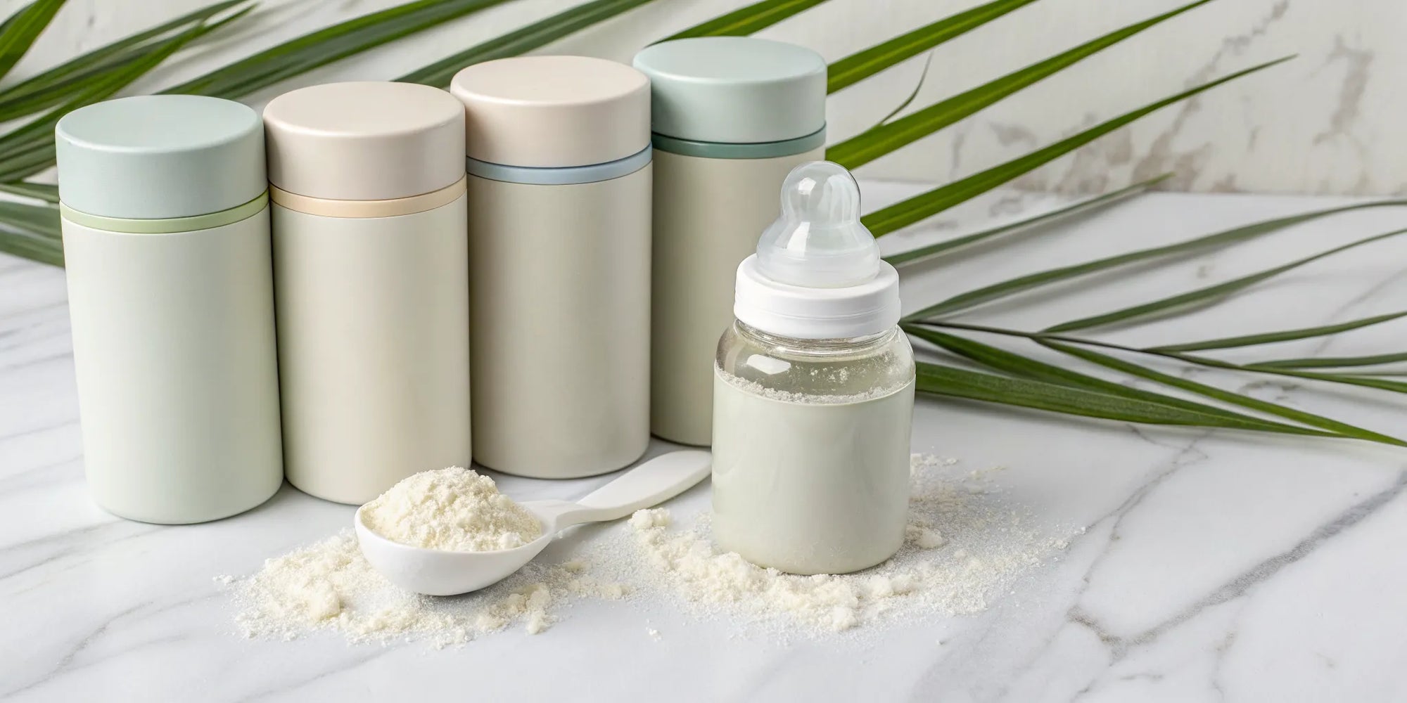 A bottle and scoop of dairy-free formula for gassy toddlers.