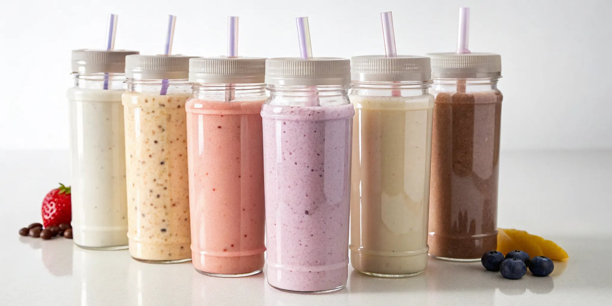 Kids nutrition shakes with no corn syrup in colorful bottles next to fresh fruit.