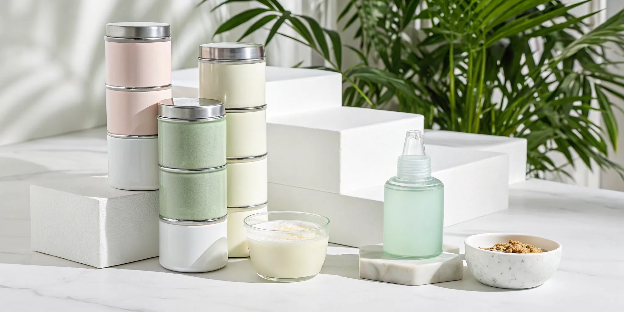 A selection of the best toddler formulas with no palm oil in stacked containers and a bottle.