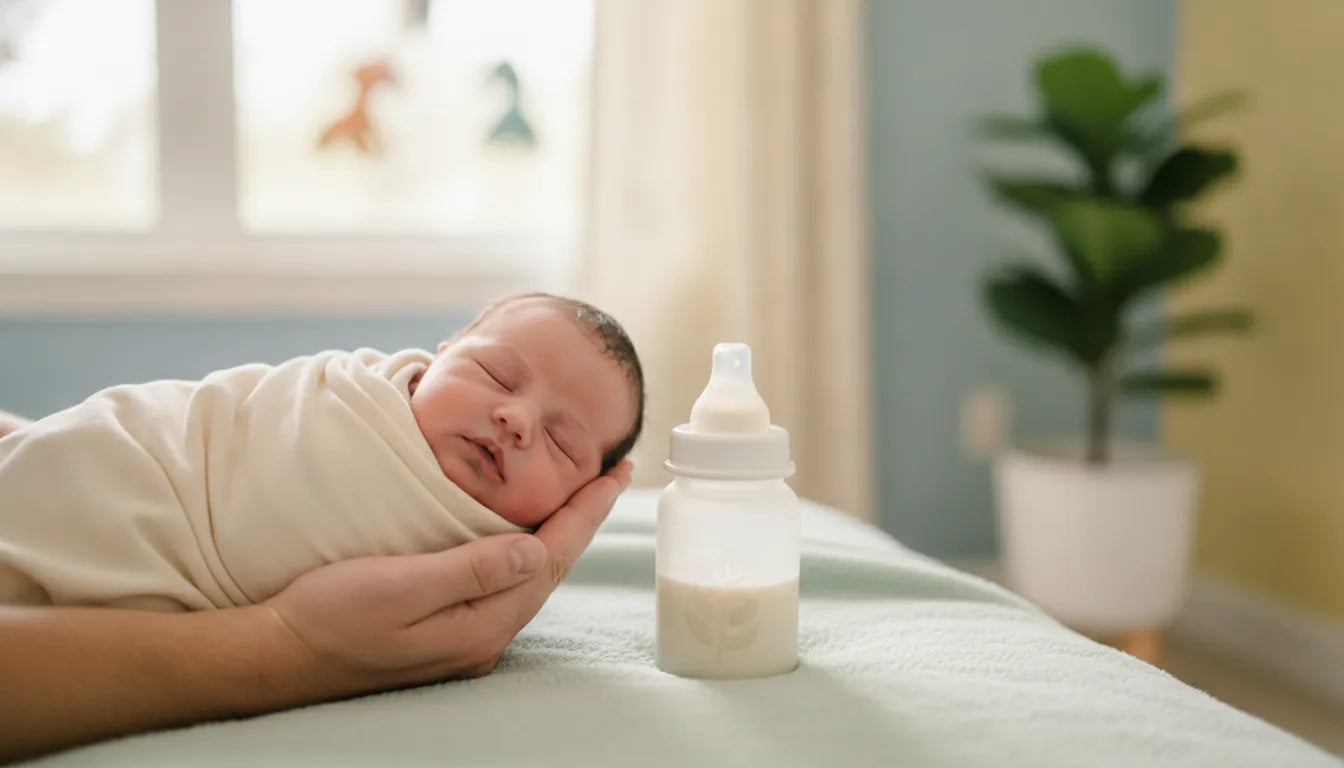 Newborn baby cradled in a parent's hands beside a bottle of plant-based formula