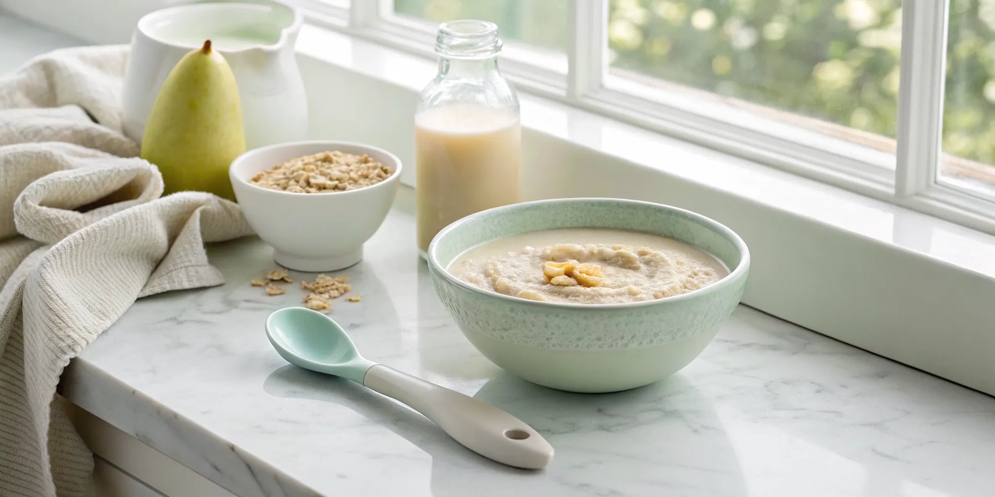 The best baby cereal for a milk protein allergy, served in a bowl with dairy-free milk.