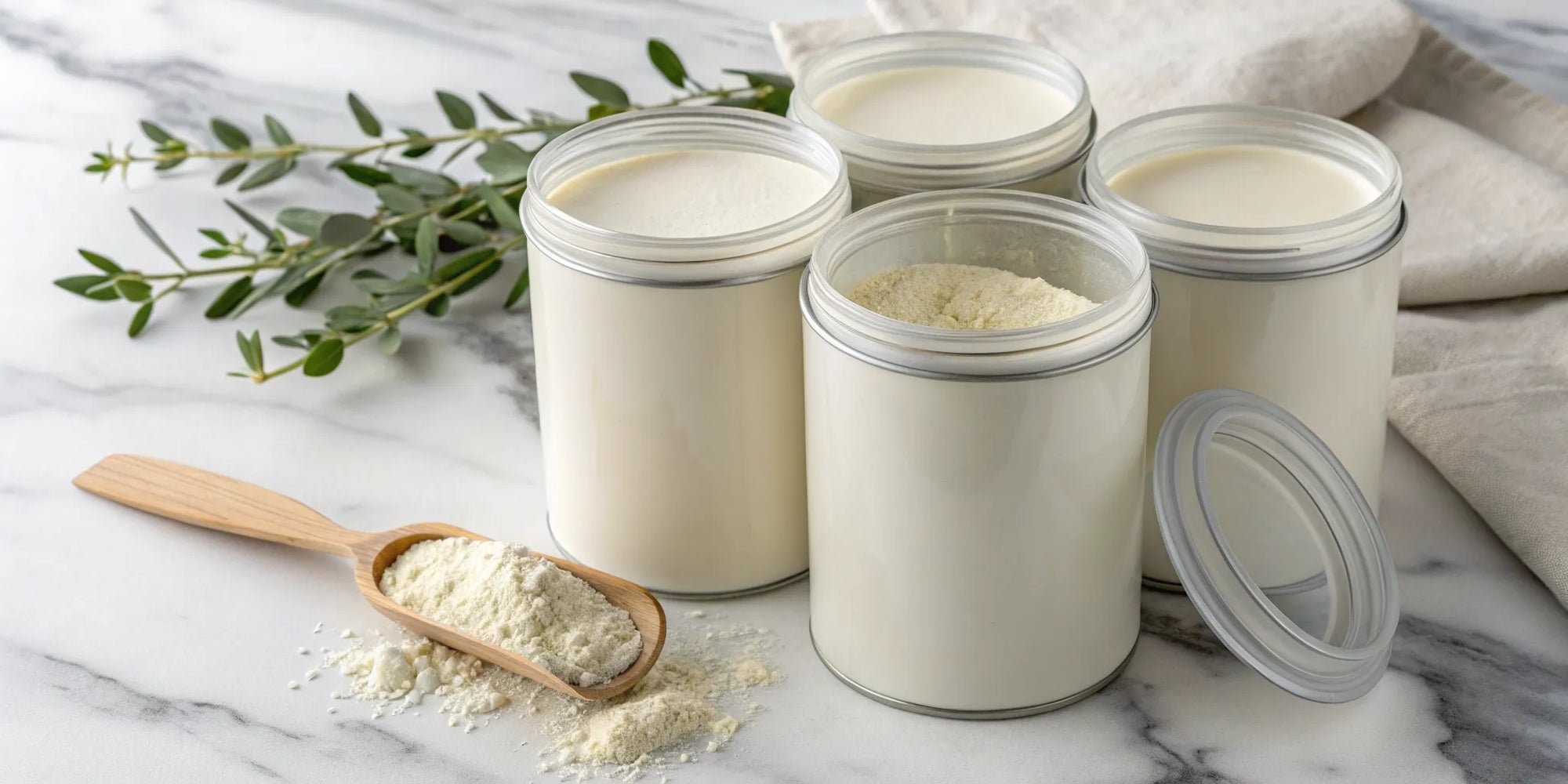 Dairy and corn syrup free toddler formula in a jar with a scoop.