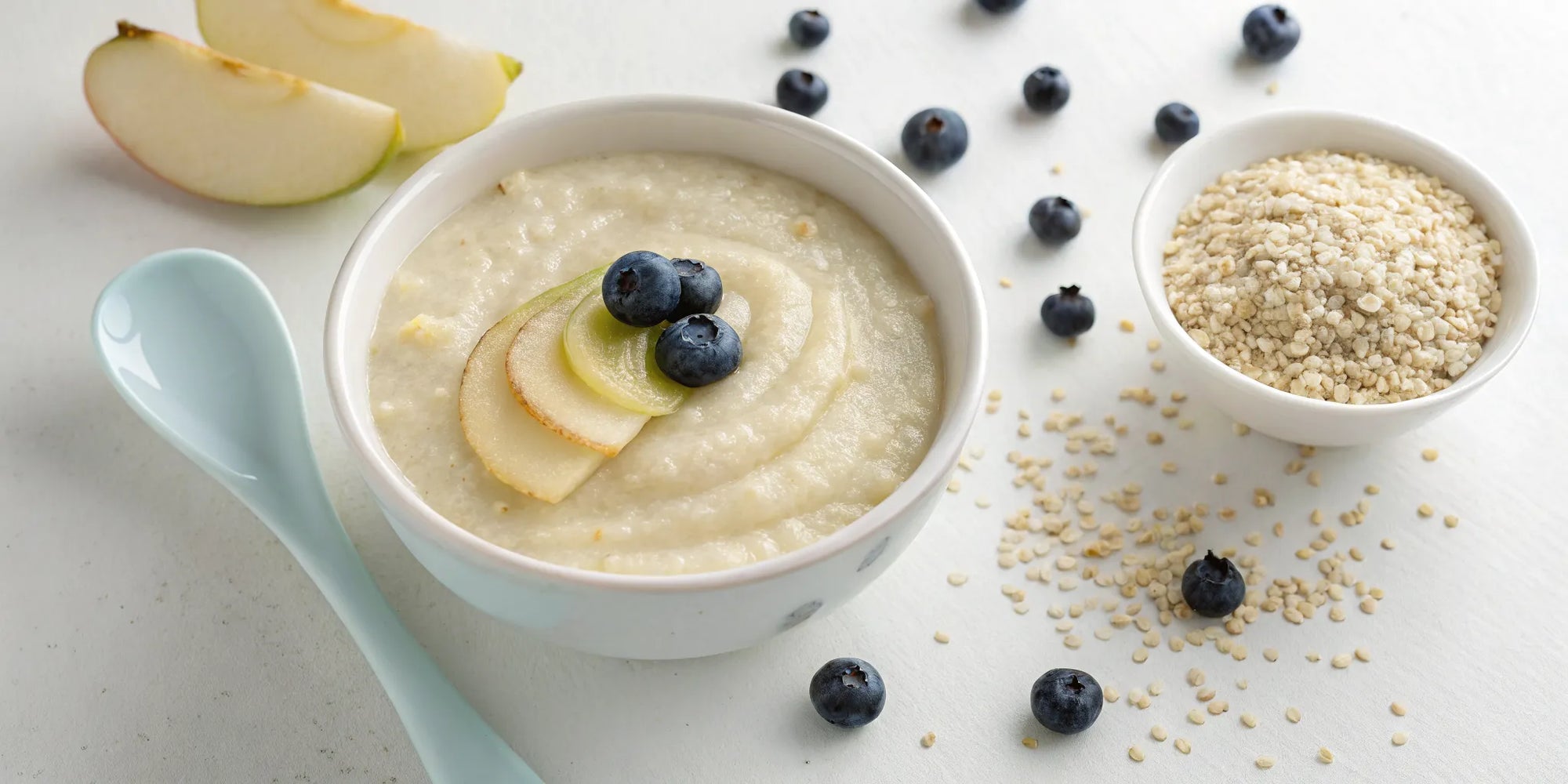 Dairy and soy free baby oatmeal alternative in a bowl with fruit and grains.