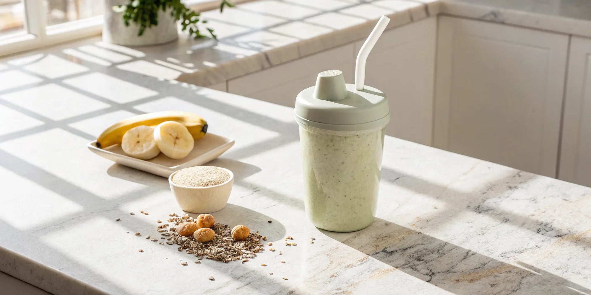 A dairy-free shake with banana and seeds for toddler weight gain.