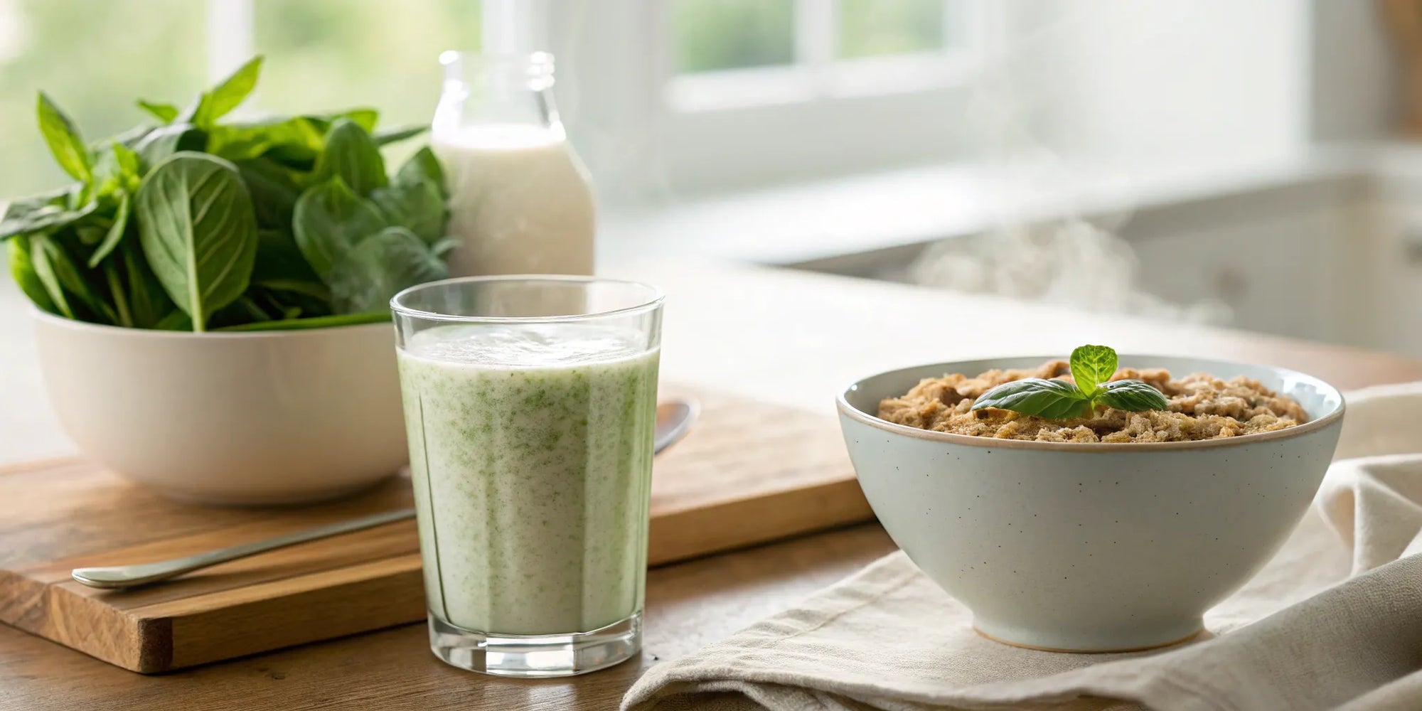 The best formula for toddlers served as a green smoothie alongside a healthy breakfast.