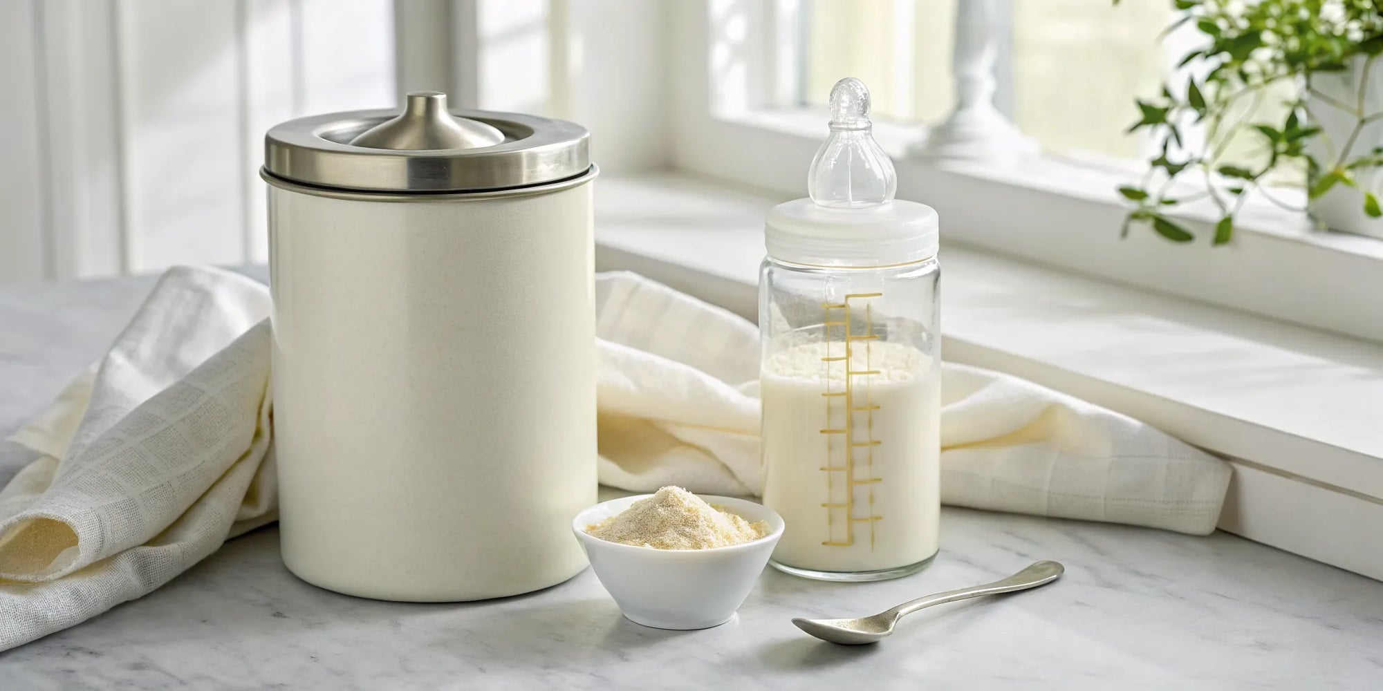 A prepared bottle of palm oil free formula for sensitive babies.