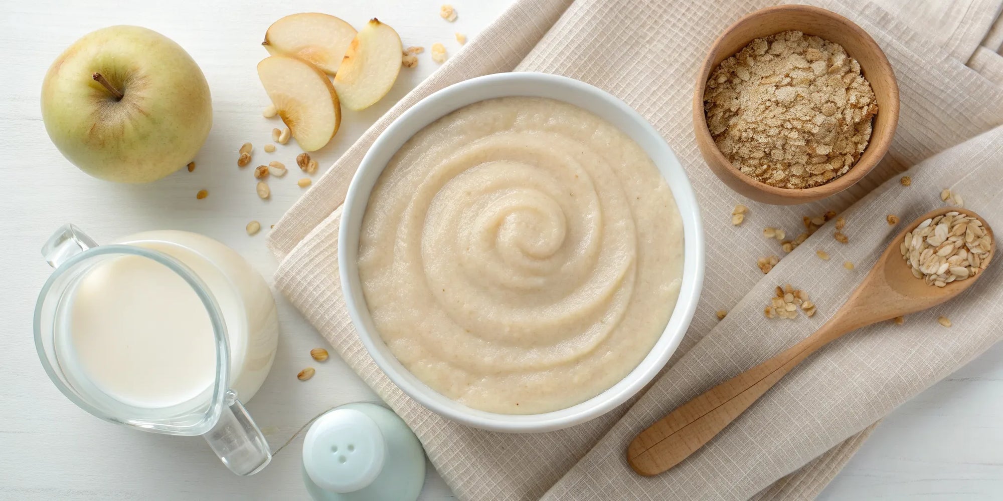 A bowl of clean label baby cereal with fresh oats and apple slices.