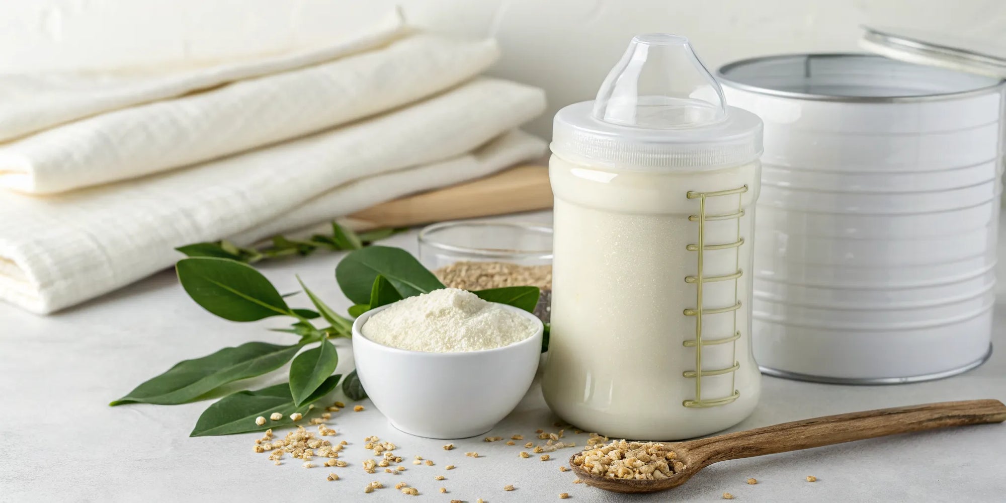 A bottle of baby formula without palm oil next to a scoop of the powder.