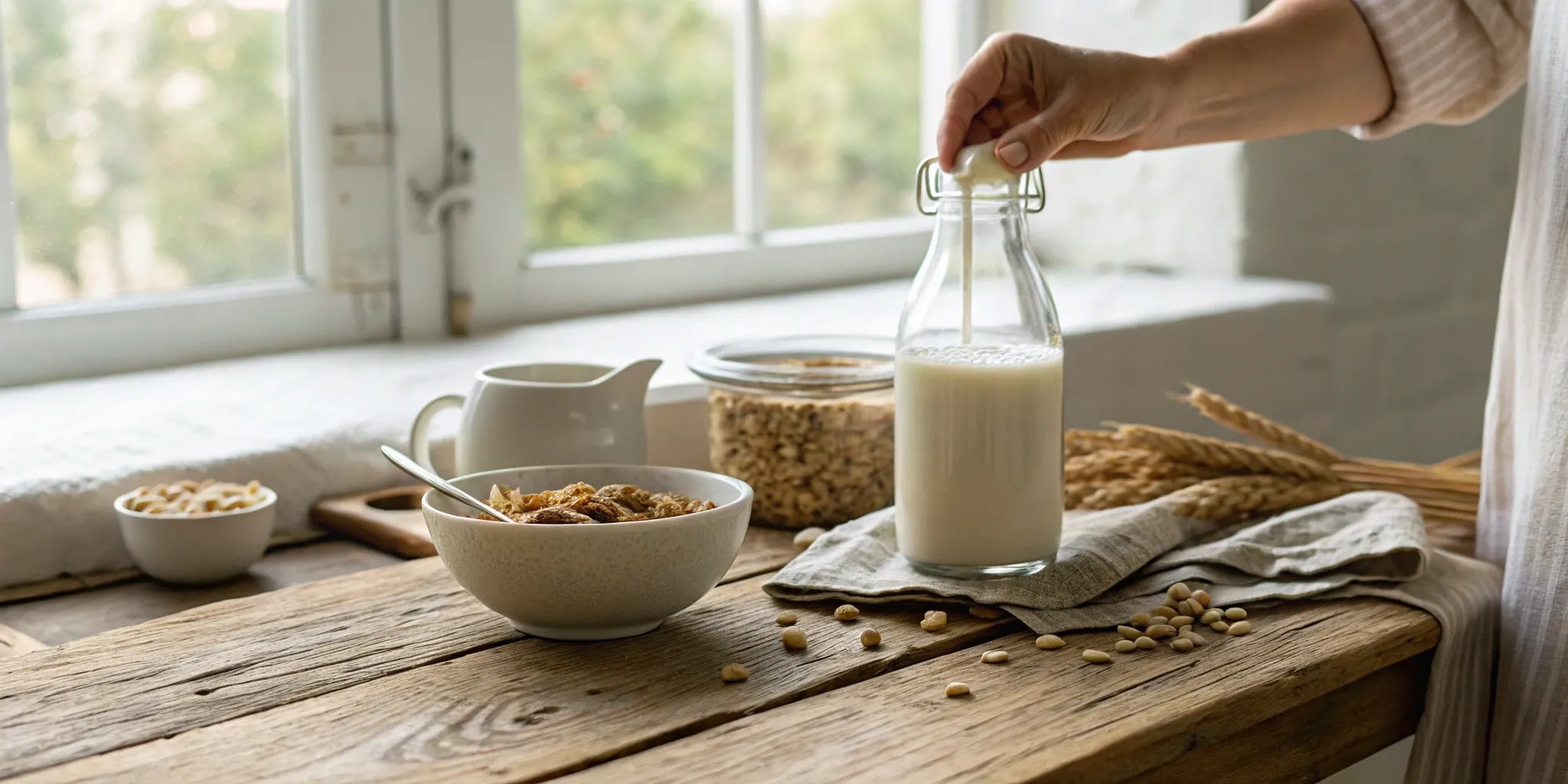 A bowl of baby cereal and a bottle of breast milk ready to be mixed.