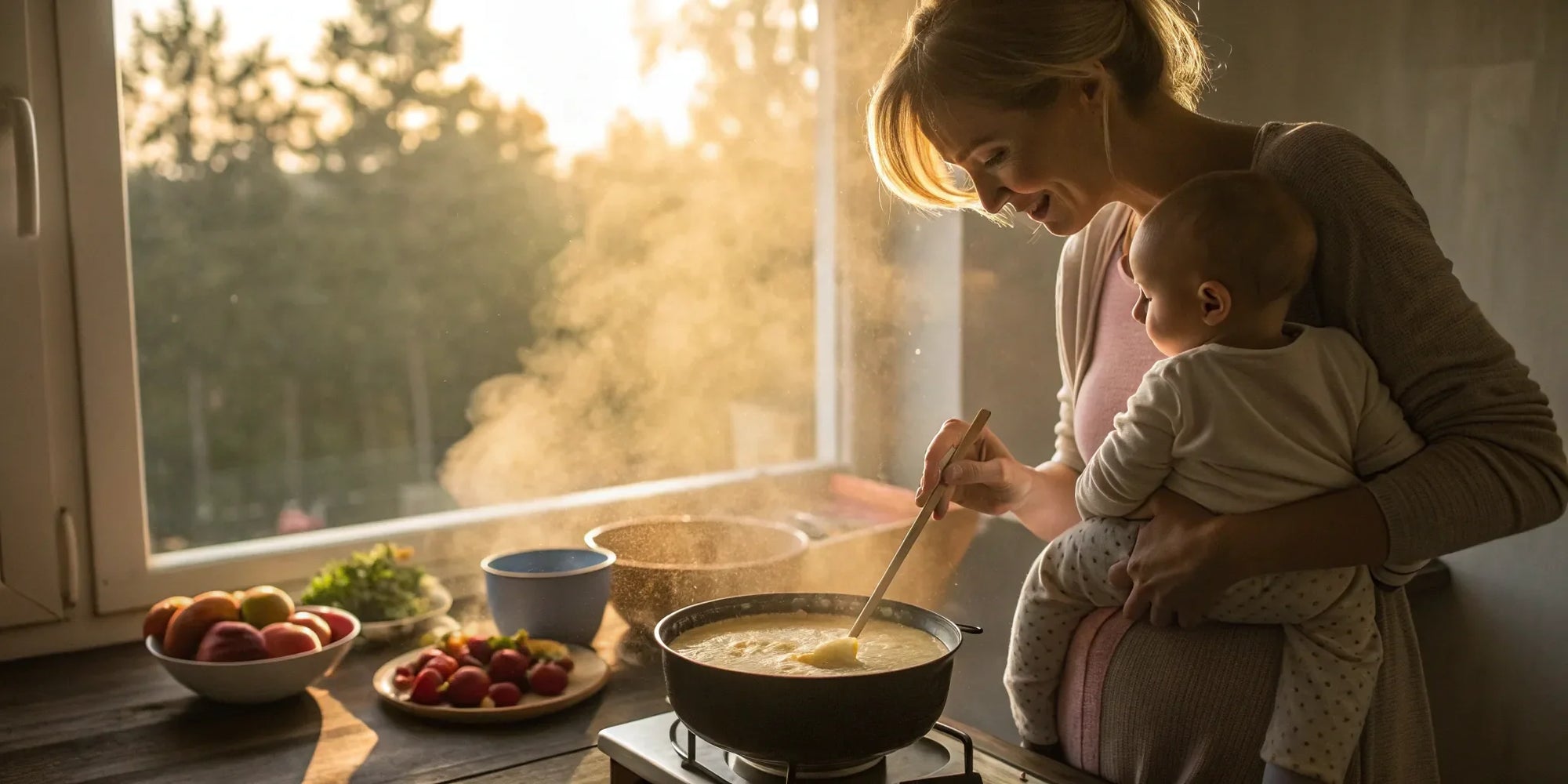 Mother mixes baby cereal in a bowl, supplementing breast milk for her infant.