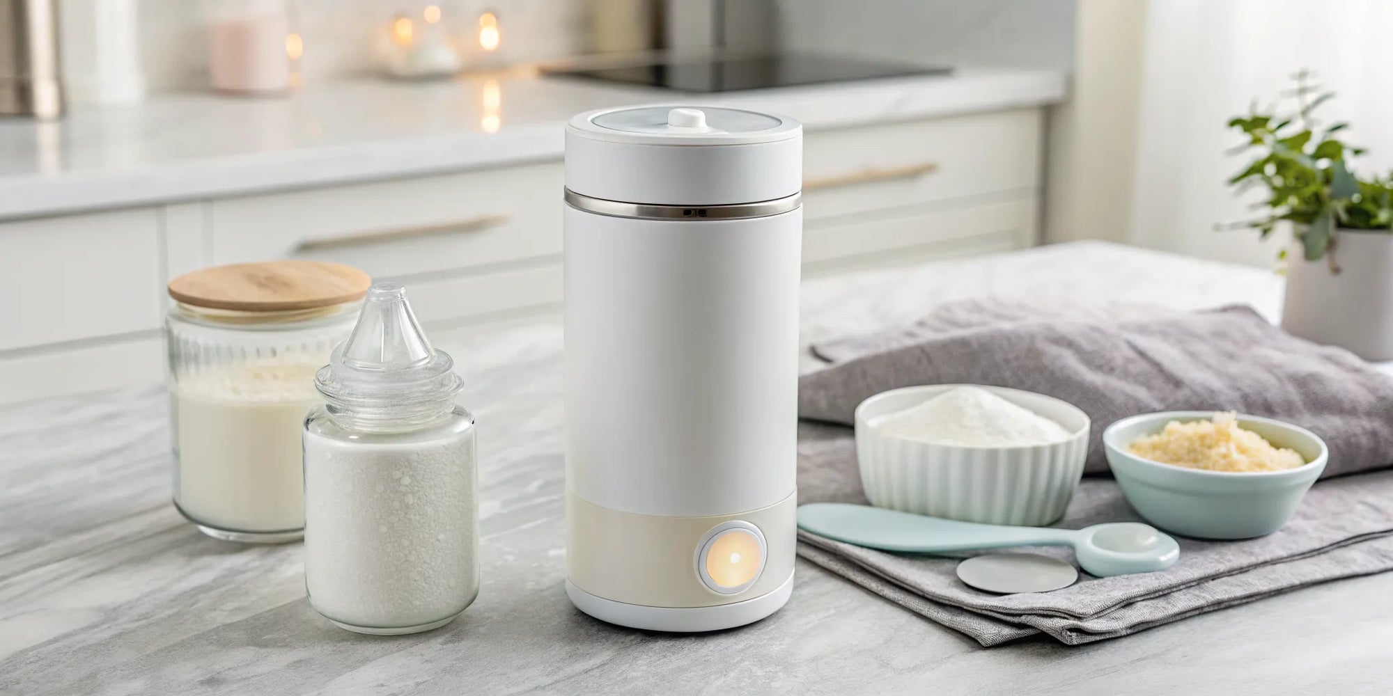 Baby formula dispenser preparing a warm bottle for a baby.