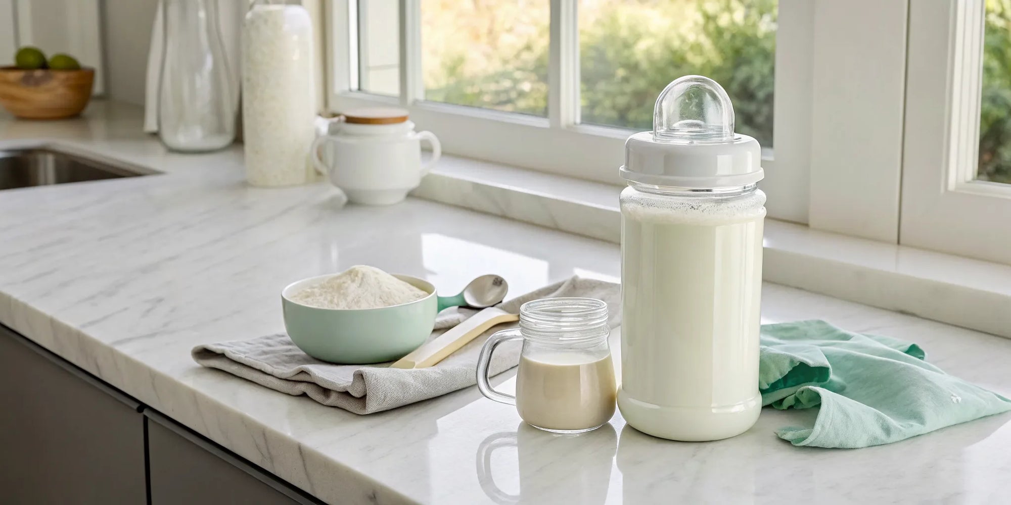 A bottle and glass of baby formula for 6-12 months with powder.