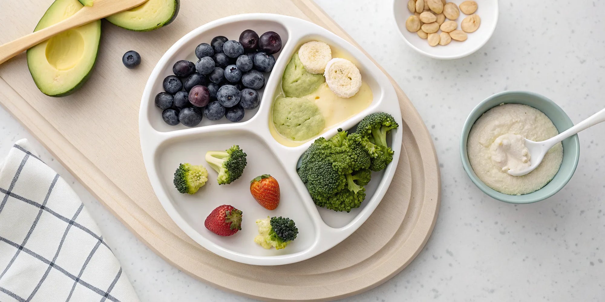 A colorful, balanced meal with a variety of foods for toddler nutrition.