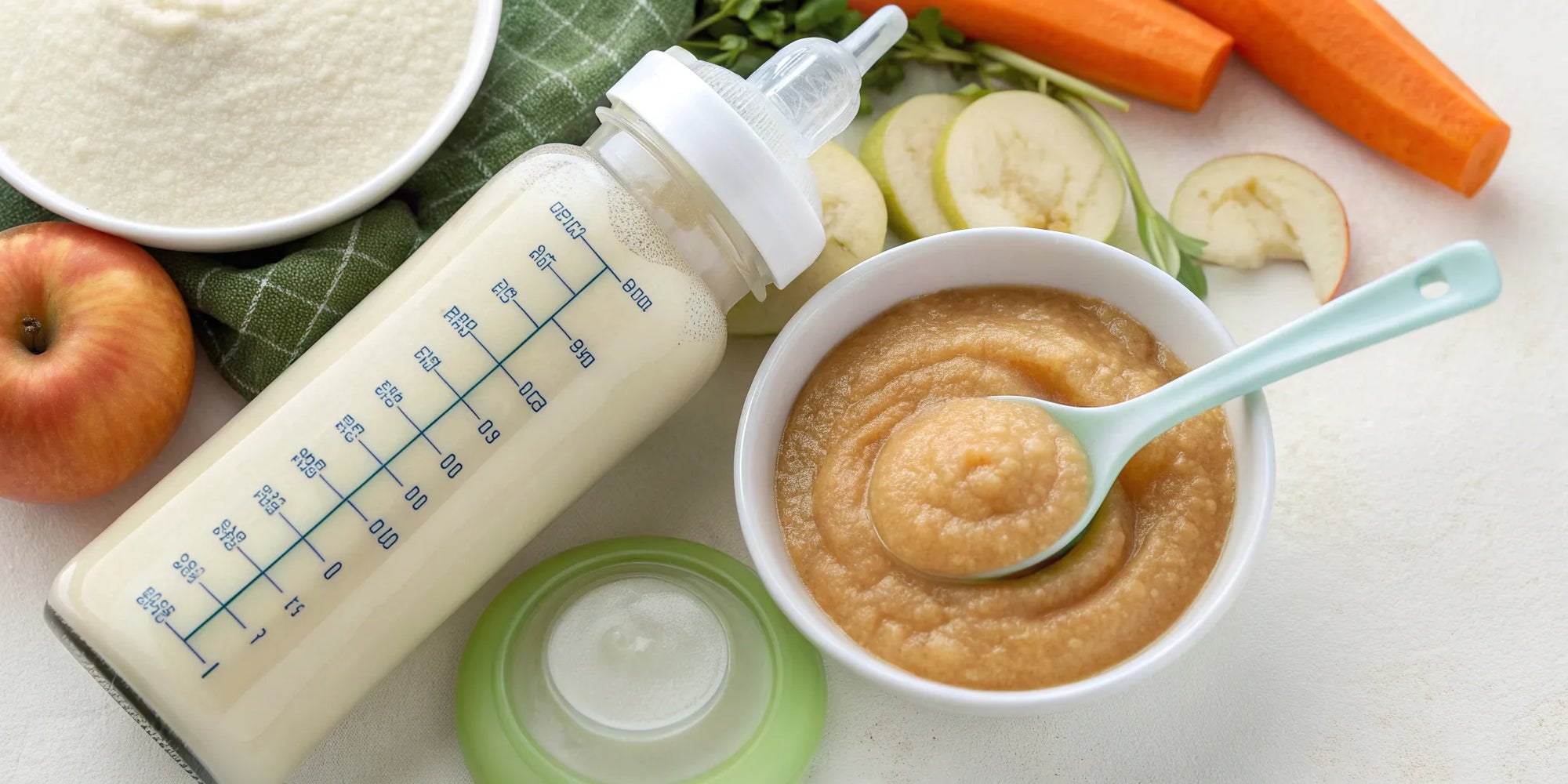A bottle of complete vegan formula for babies, with fresh plant-based ingredients.
