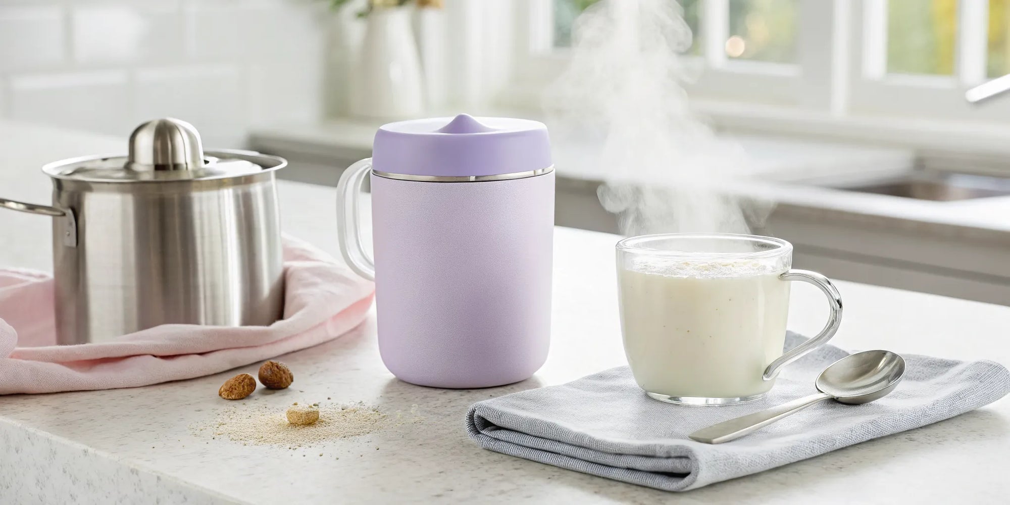 A warm mug of hypoallergenic toddler formula for a child with CMPA.