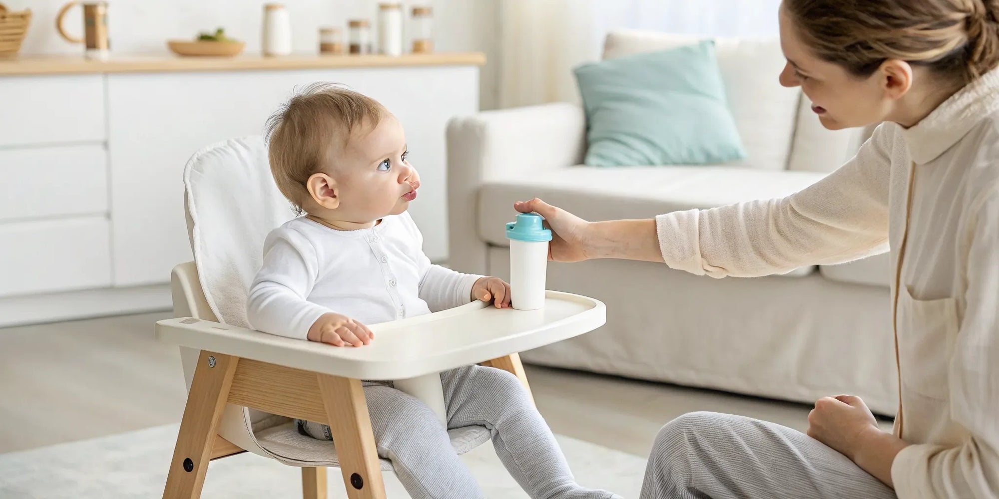 Fussy, gassy toddler being fed a bottle of gentle formula by their mother.