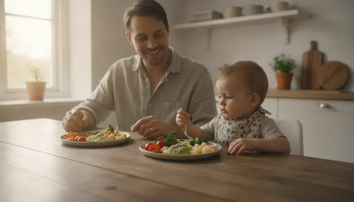 Parent and toddler sharing a colorful plant-based meal at the kitchen table