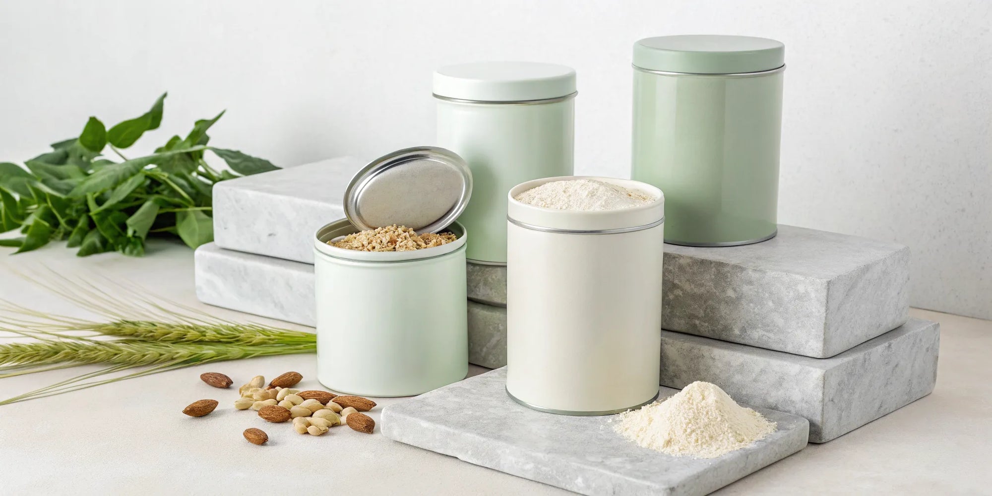 Plant-based toddler formula without corn syrup in canisters with almonds and whole grains.