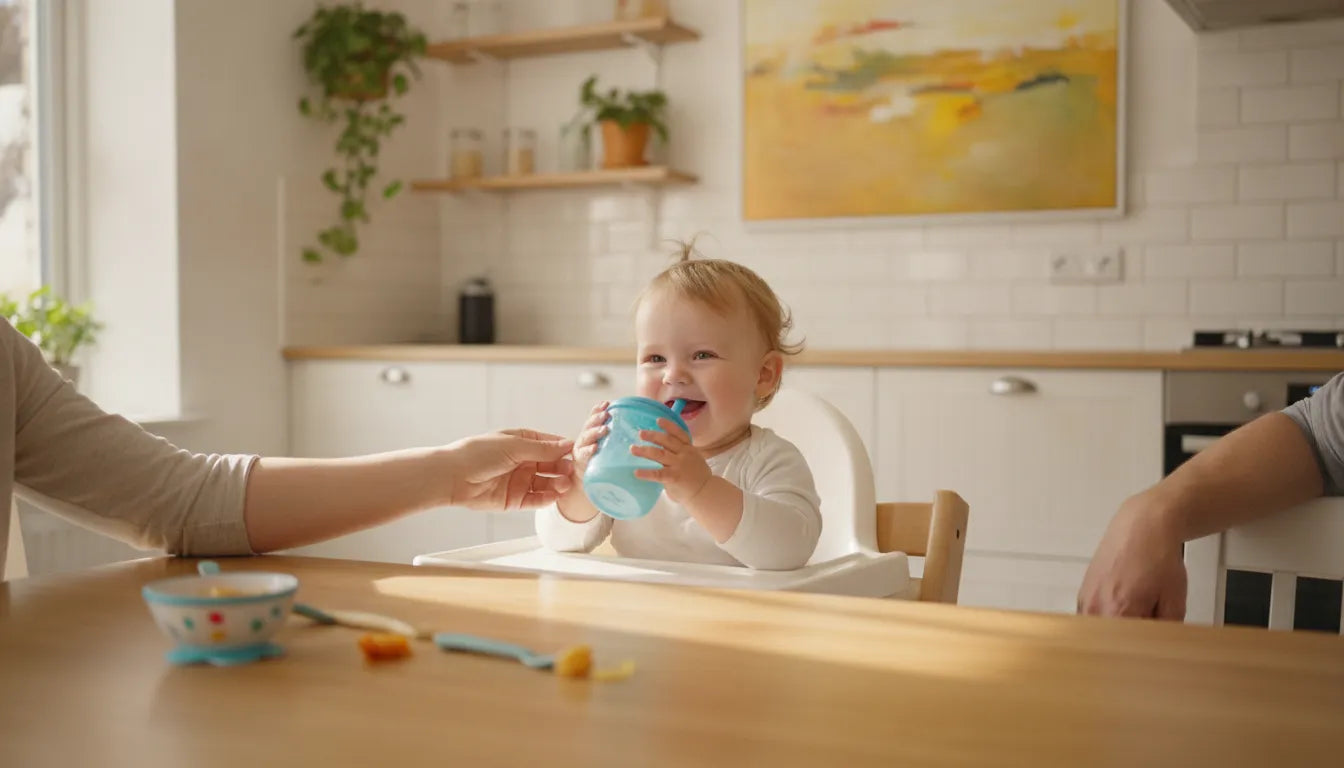 Happy toddler drinking from a sippy cup in a high chair at a bright kitchen table