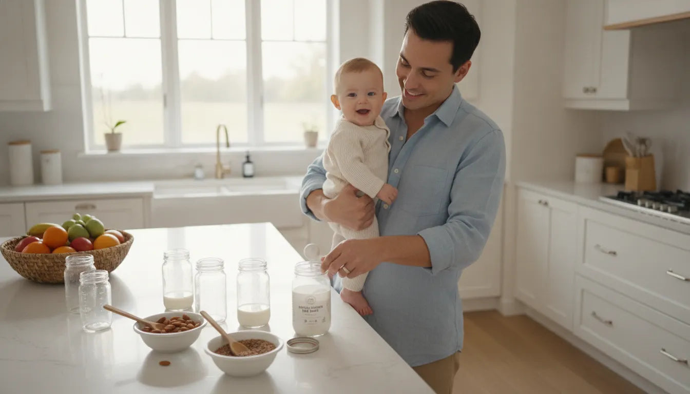 Parent preparing a bottle of plant-based baby formula in a bright kitchen with a happy baby nearby