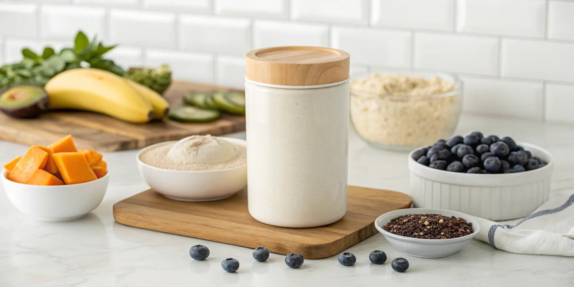The benefits of a whole food toddler formula shown with its natural ingredients like fruits and oats.