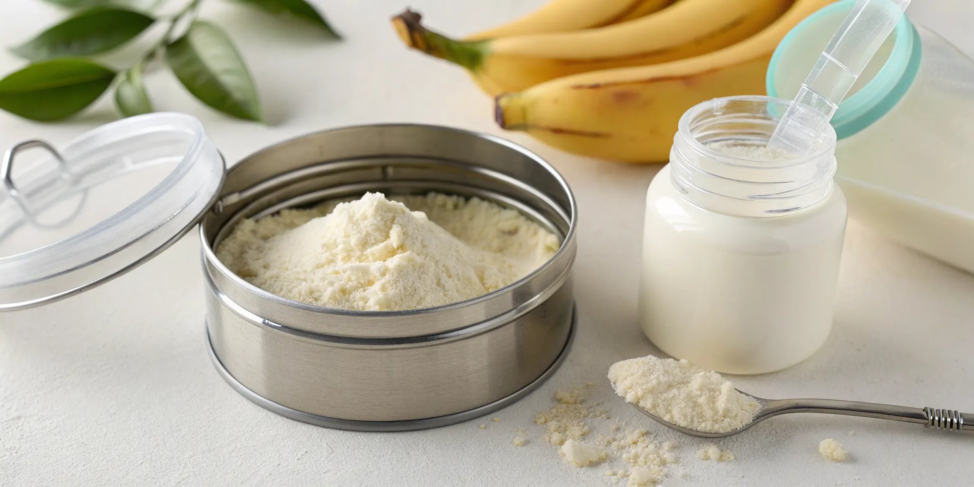 A tin of baby formula with palm oil alternatives, a scoop, and a bottle.