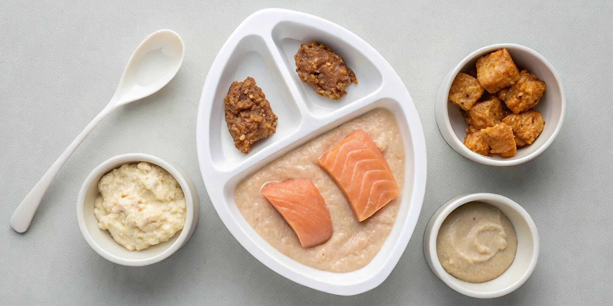 A plate of iron-rich first foods for babies, including salmon, tofu, and purees.