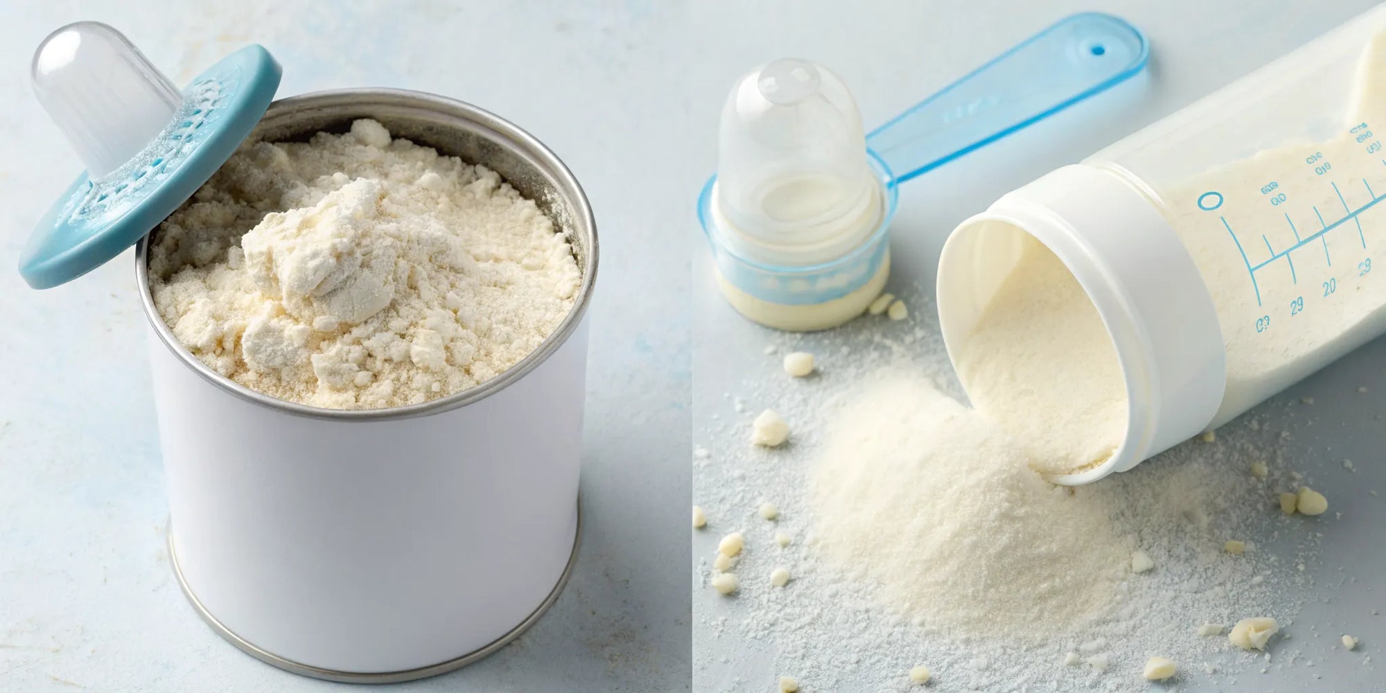 A can of infant formula and a bottle, addressing what in formula causes constipation.