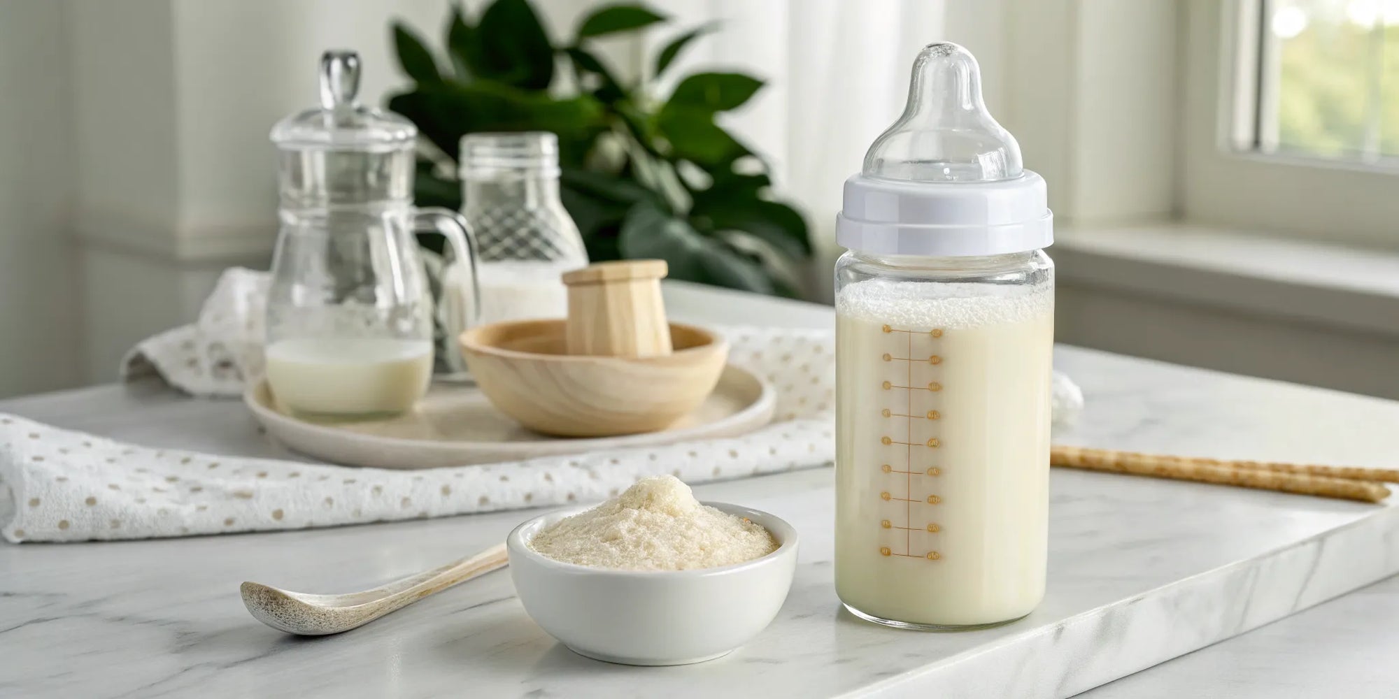 A bowl of powder and a bottle of clean toddler formula on a kitchen counter.