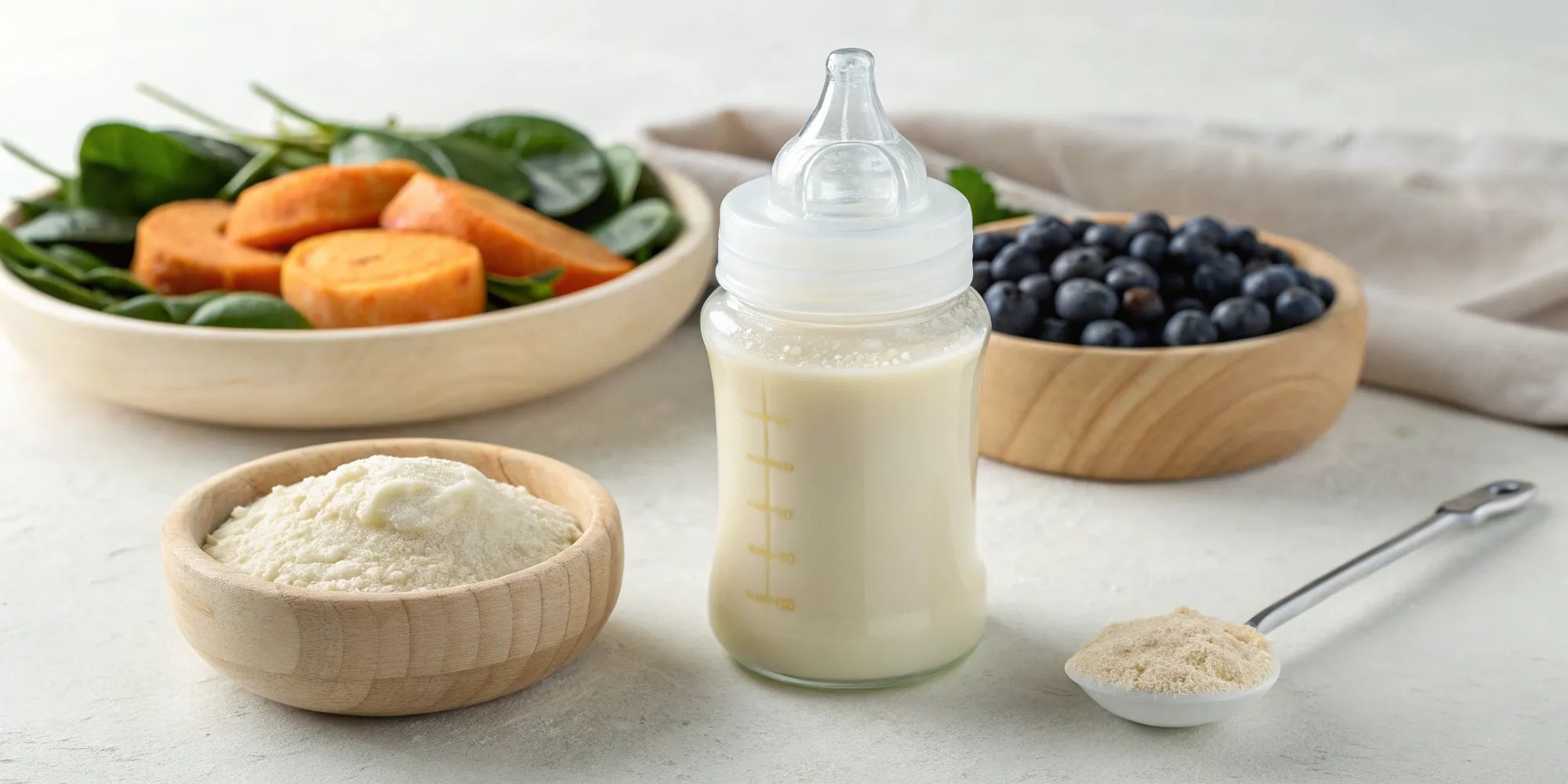 A bottle of whole food baby formula with natural ingredients like sweet potatoes, spinach, and blueberries.