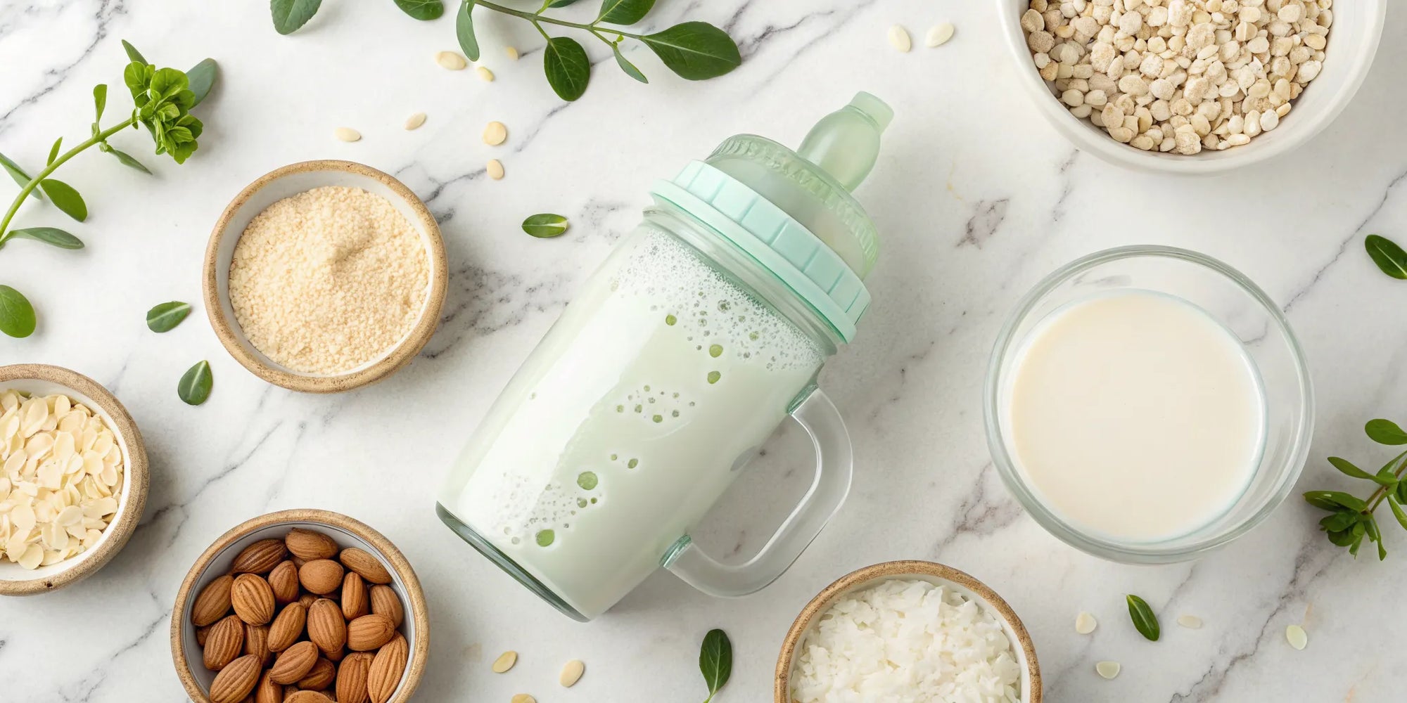Cow's milk alternatives like oat and almond milk in a cup for a toddler.