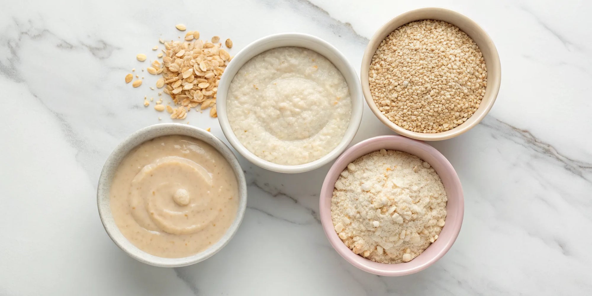 Bowls of the best non-rice baby cereal options like oatmeal, barley, and multigrain.