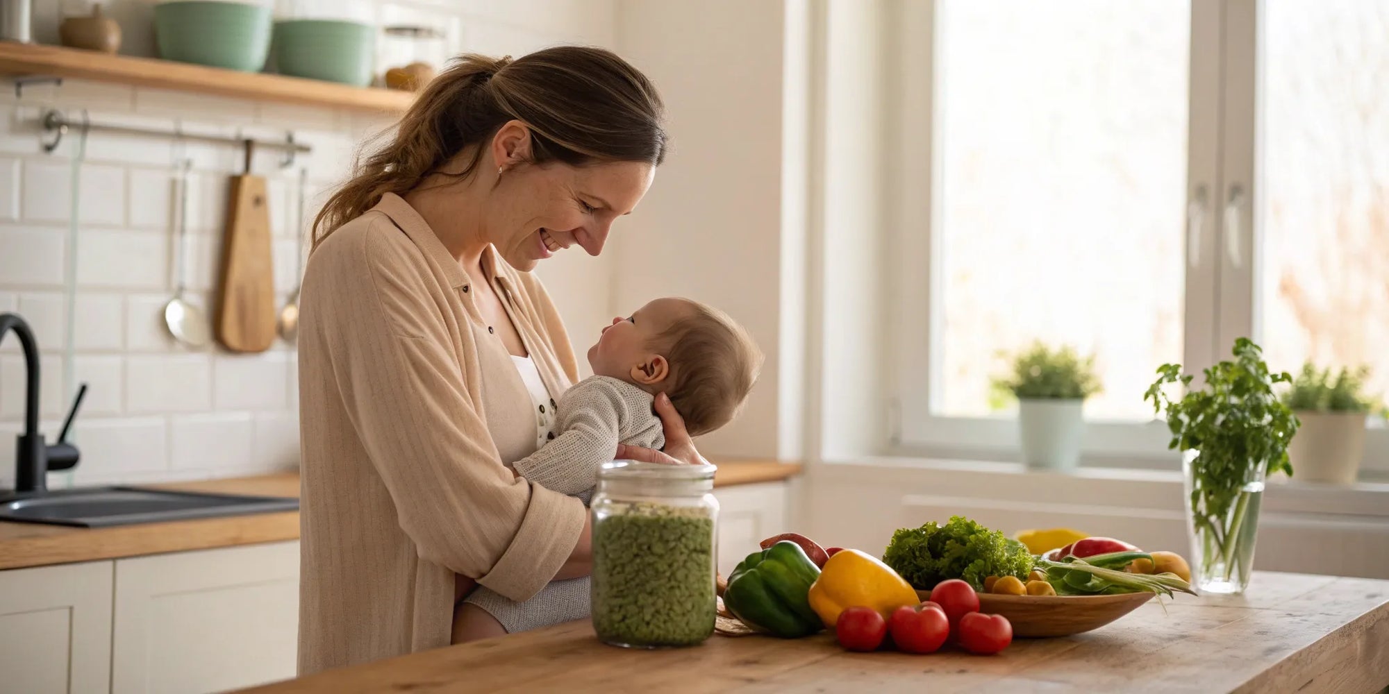 Mother holding her baby while choosing the right formula for CMPA.