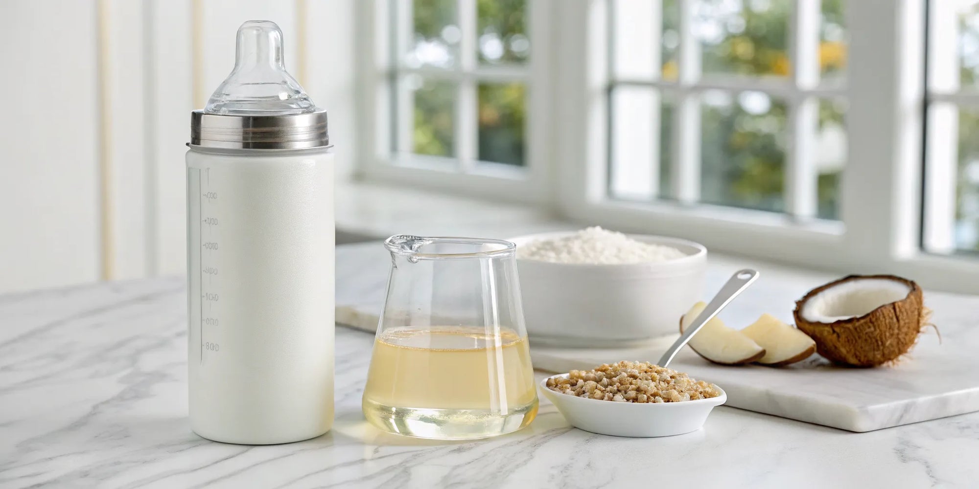 A healthy baby formula without palm olein oil, with plant-based ingredients like coconut and grains.