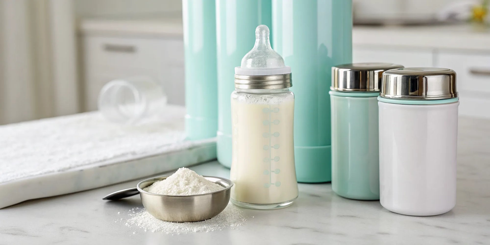 A scoop of baby formula for diarrhea next to a prepared bottle.
