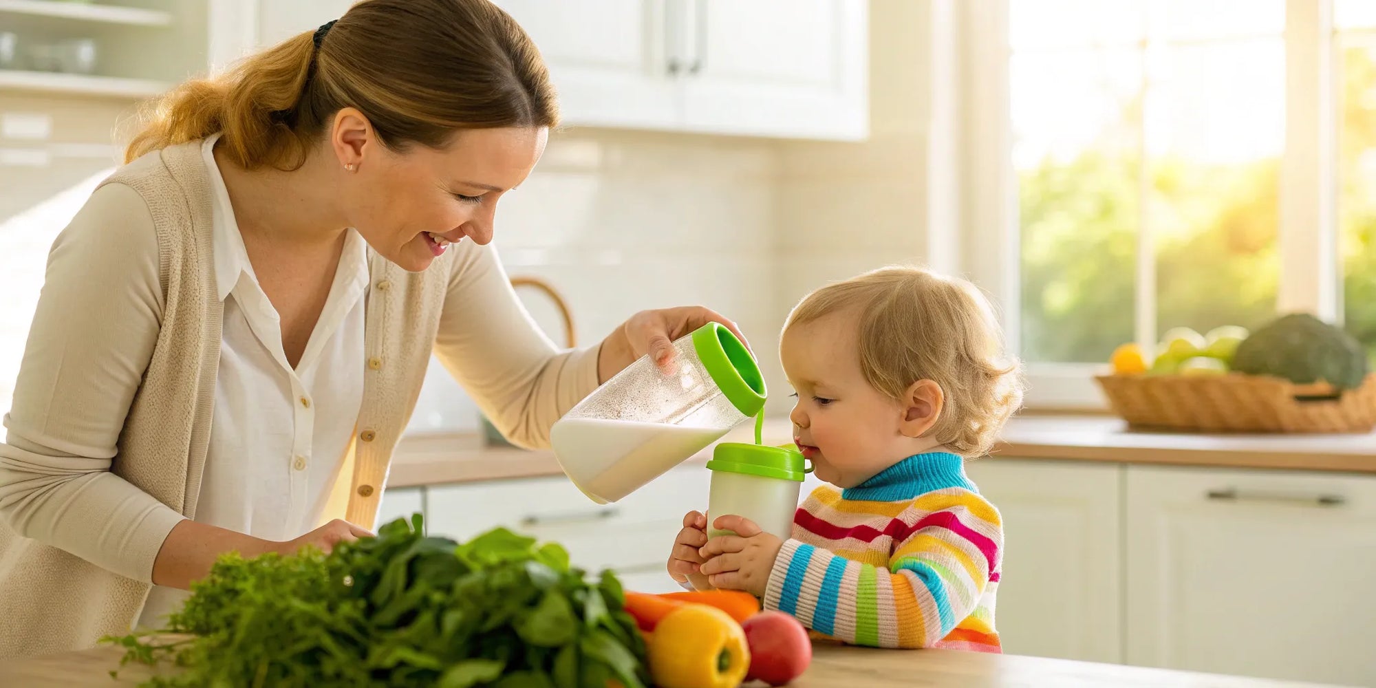 A mother pours plant-based milk into a cup for her toddler with allergies.